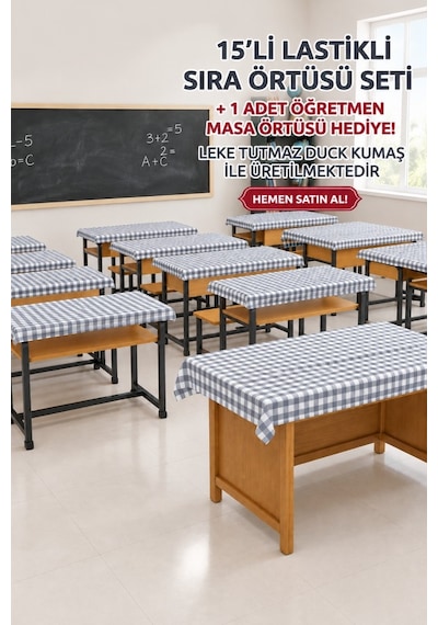 15 Adet Okul Sıra Örtüsü Lastikli Masa Örtüsü Leke Tutmaz Kumaş Gri Pötikare Duck