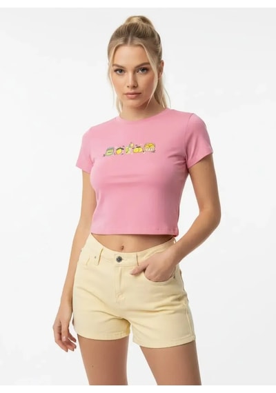 Park Karon 26025 Pamuk Desenli Crop Boy Bisiklet Yaka Örme Bluz Pembe 40