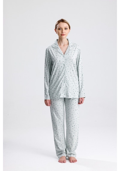 Yeni İnci Yıldız Desen Pamuk Kadın Pijama Takım Yeşil