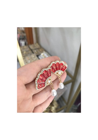 Kırmızı Yelpaze Model İncili Küpe
