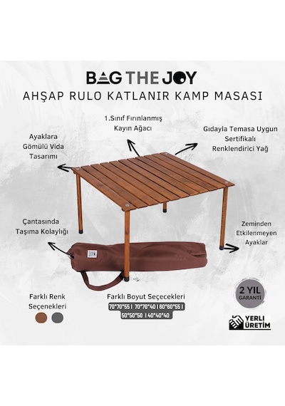 Bag The Joy 70 x 70 x 40 CM Ahşap Katlanır Kamp Masası - Kahverengi