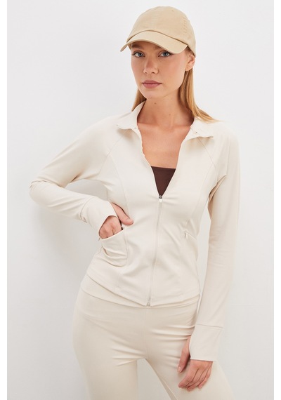 Fullamoda Parmak Geçirmeli Dalgıç Kumaş Slim Fit Ceket Bej