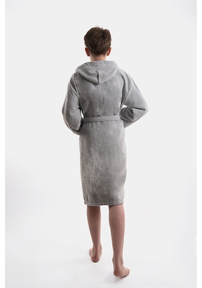 Pamuklu Kapüşonlu Genç Garson Boy Unisex Cepli Bukle Kadife Bornoz Gri