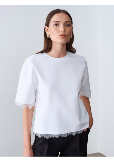 Dilvin 32826 Dantel Detaylı Kısa Kollu T-shirt-beyaz