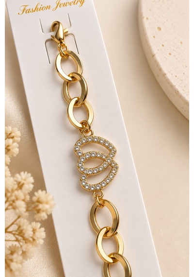 Kadın Gold Zincir Bileklik Taşlı Üçlü Halka Detaylı Ayarlanabilir Bileklik Altın