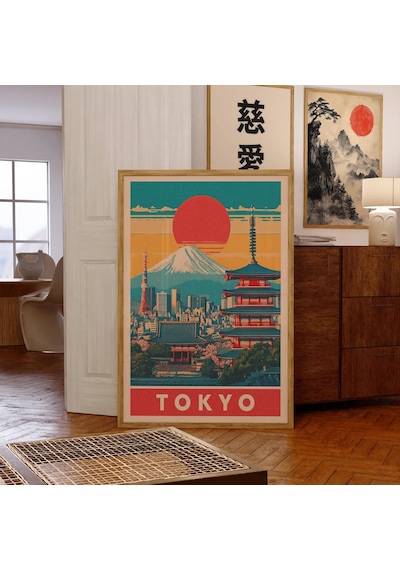 Retro Tokyo Seyahat Posteri: Fuji Dağı Ufuk Çizgisi Sanatı &