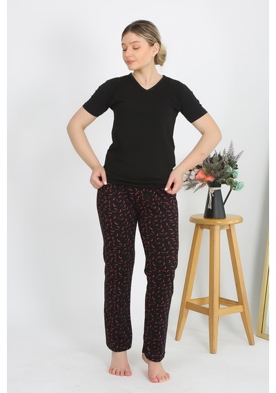 Akbeniz Kadın Kısa Kol Pamuk Penye Pijama Takım Siyah 4214-siyah Siyah
