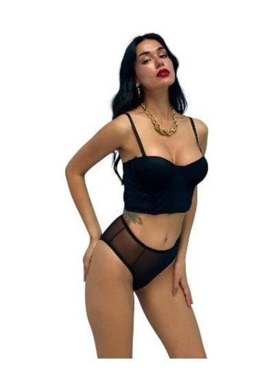 Onsekiz18shop Destekli Mor Simli Pırıltılı Siyah Büstiyer Takım