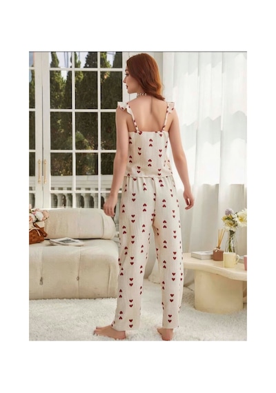 Motto10 Butik Kadın Ekru Kırmızı Kalp Desenli Yumuşak Pamuklu Uzun Pijama Takımı 5136