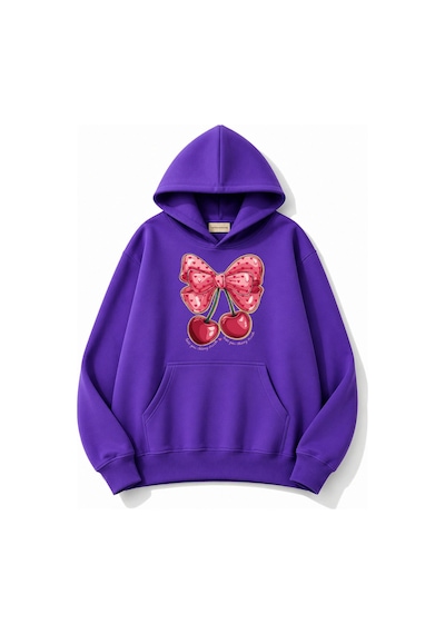 Herkesemoda Kurdele Kiraz Baskılı Kapüşonlu 2 İplik Şardonlu Sweatshirt Mor