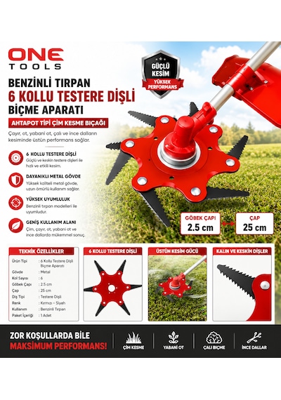 One Tools Benzinli Tırpann Metal Çim Çayır Biçme Kesme Aparatı 6 Kollu Testere Dişli Bıçkı Ahtapot
