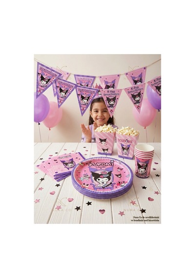 Kuromi 16 Kişilik Doğum Günü Parti Seti Tabak Bardak Peçete Balon Flama Mısır Kutusu Mor Pembe