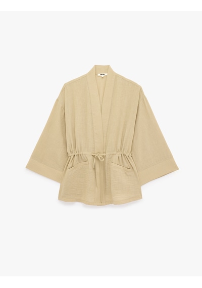Koton Geniş Uzun Kollu Cepli Beli Bağcıklı Oversize Kimono Ceket Vizon 6sak50080pw