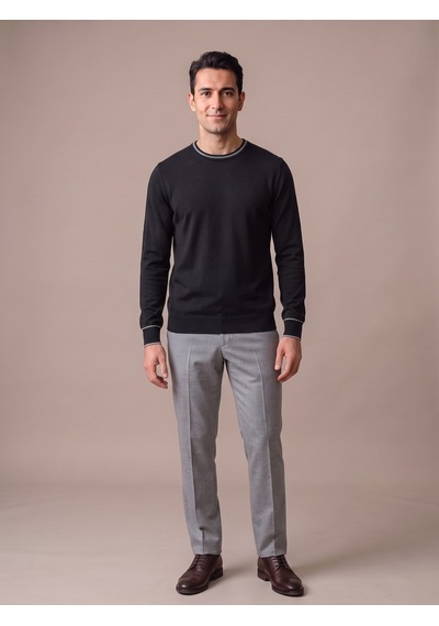 Maccali Erkek Siyah Kontrast Şeritli Bisiklet Yaka Triko Sweatshirt