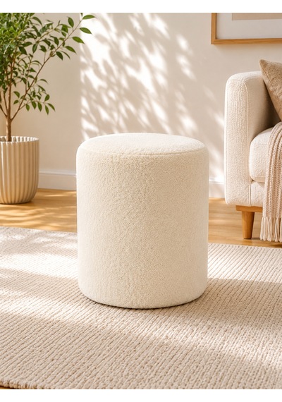 Krem Welsoft Kumaş Puf 40x45 Cm Yuvarlak Puf Dekoratif Oturma Pufu Yumuşak Dokulu Modern Puf