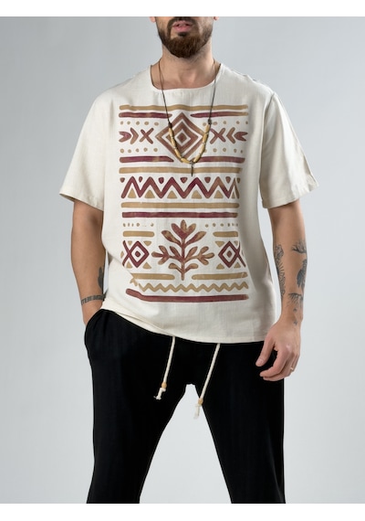 Cocopelli Bordo Etnik Tasarım Erkek T-shirt Coc2871 Bej