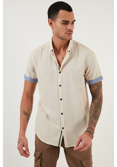 Buratti Pamuklu Slim Fit Düğmeli Yaka Kısa Kollu Erkek Gömlek Cf21S112546 Taş