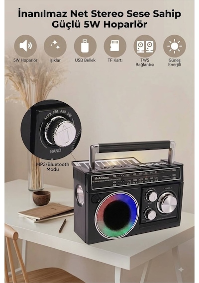 Nostalji Solar Enerjili Güneş Panelli Fm Radyo Şarj Edilebilir Bluetooth Hoparlör Rbg Işıklı Sd Kart Usb Ve El Fenerli Siyah - 911392134