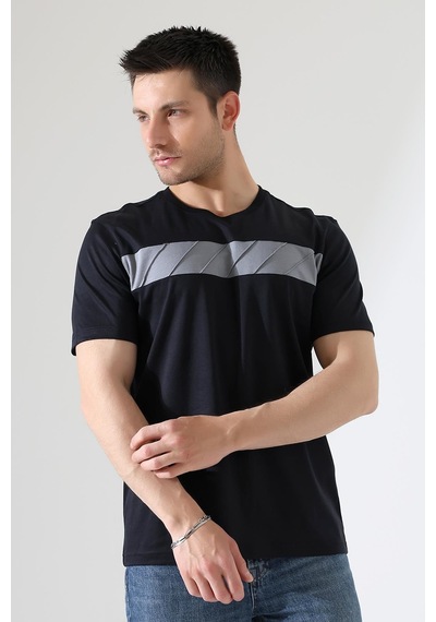 Erkek İki Renk Parçalı Bisiklet Yaka T-shirt - Pamuklu Tişört Siyah