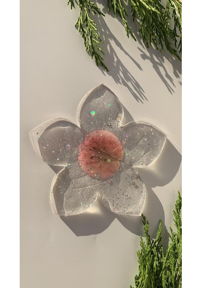 Epoksiye İçinde Gümüş Glitter Ve Begonvilli Menekşe Bardak Altı Şeffaf