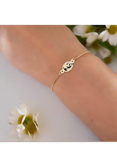 Archin Panda Temalı 14 Ayar Altın Plakalı Oval Motifli Zincirli Hediye Bileklik-399sembol Panda