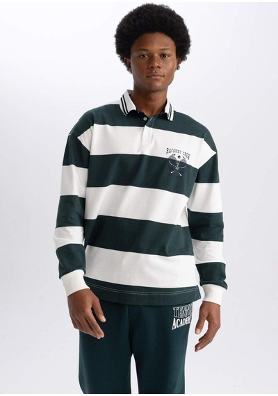 DeFactoFit Boxy Fit Çizgili Uzun Kollu Polo Tişört A9874AX23WNGN796