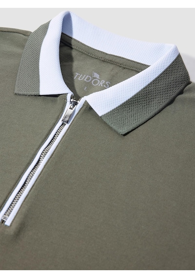 Tudors Erkek Slim Fit Dar Kesim %100 Pamuk Düz Pike Fermuarlı Haki Polo Yaka Tişört-31110-haki Haki