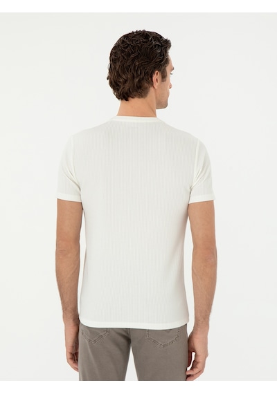 Beyaz Slim Fit Çizgi Dokulu Bisiklet Yaka T-shirt 15841036