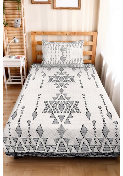 Bohem Geometrik Beyaz Tek Kişilik Pike Takımı - Etnik Antrasit 160x220 Cm Kapitone Yatak Örtüsü Melez Halı Derinliği