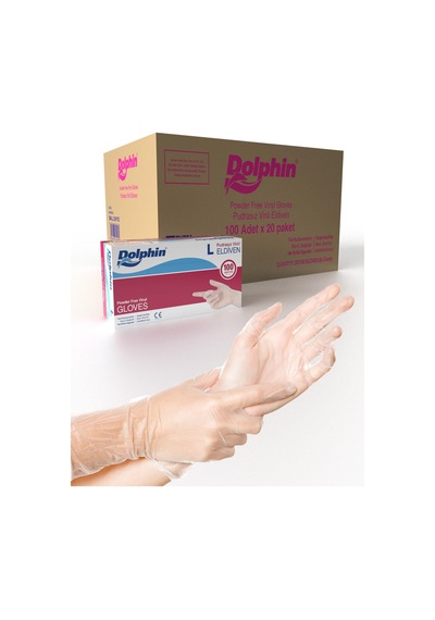 Dolphin Pudrasız Vinil Vinyl Tek Kullanımlık Eldiven Şeffaf Large Büyük Boy - 100'lü 20 Paket -koli