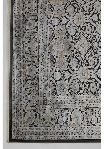 Çam Halı Buhara 3502 Siyah Romans Halı Eskitme Desenli Makine Halısı