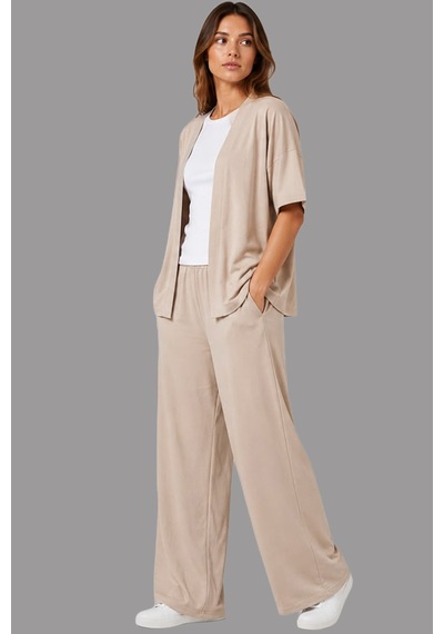 Fiolin Soft Touch Modal Kumaş Geniş Paçalı Kimono İkili Takım Bej