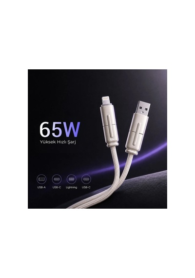 Bix Bx4ın1c 65w Usb-a & Type-c & Lightning Çok Fonksiyonlu Örgülü Şarj Ve Data Kablosu 1.2 Metre Siy