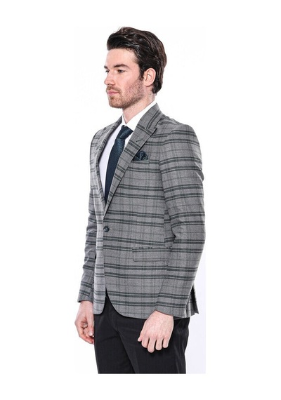 Wessi Ekose Slim Fit Tek Düğme Yeşil Erkek Ceket Siyah