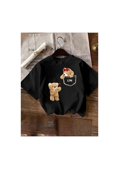 Herkesemoda Ayıcık Baskı Detaylı Basic T-shirt Siyah