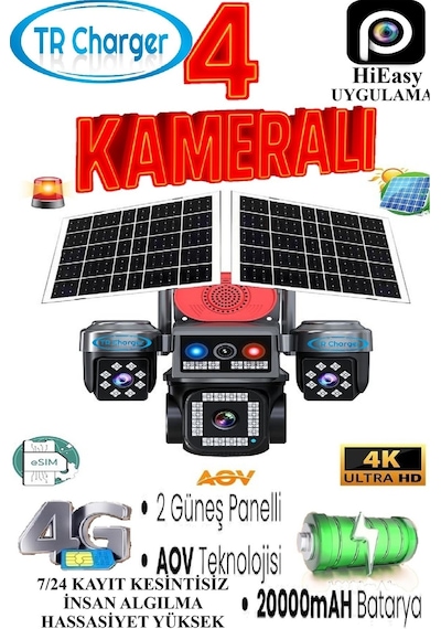 4 Kameralı E-sım Güneş Enerjili Güvenlik Kamerası Çift Güneş Pa