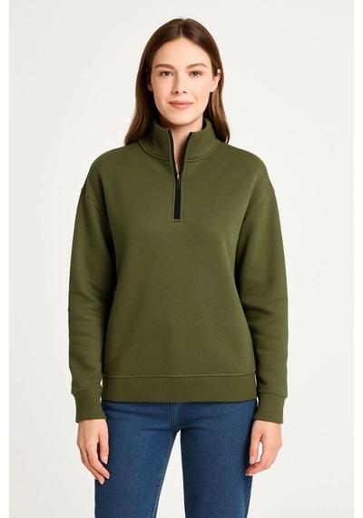 Kadın 3 İplik Dık Yaka Yarım Fermuarlı Sweatshirt - Haki