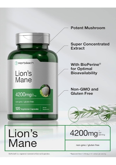 Horbäach Lions Mane Mushroom Extract 4200mg 120 Capsul Vege...
