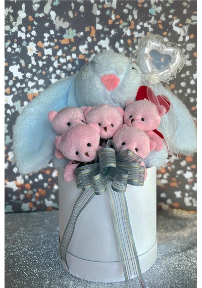 Sole Premium Özel Hediye Kutusunda 45 Cm Mavi Bunny Tavşan Ve 5 Adet Pembe Peluş Ayıcık Buketi