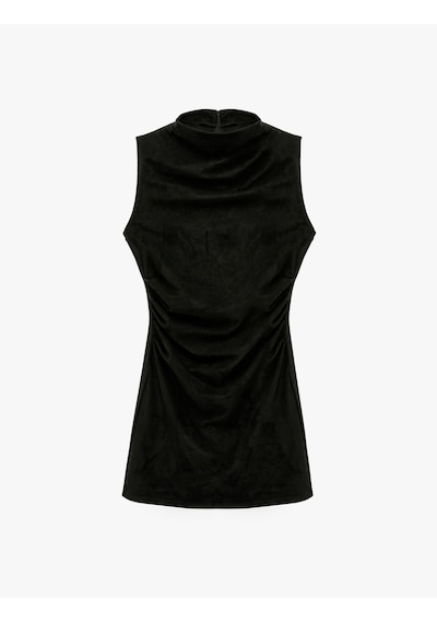 Koton Drapeli Dar Kesim Kolsuz Bodycon Dik Yaka Mini Elbise Siyah 7wak80046uk