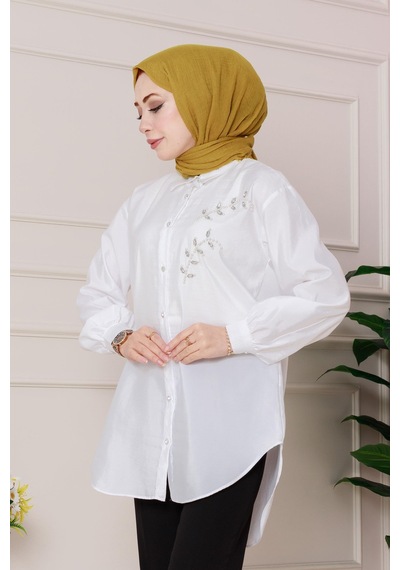 Sevitli Önü İnci Taş İşlemeli Tunik-beyaz-4795 Beyaz