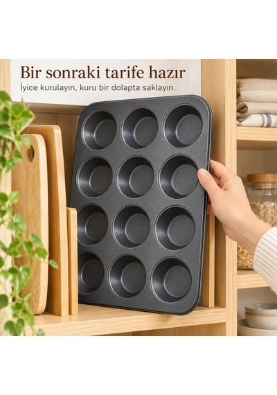 12 Gözlü Muffin Cupcake Kek Kalıbı, Karbon Çelik Çift Kat Yapışmaz Kaplamalı Fırın Tepsisi, Brownie, Kurabiye Diğer