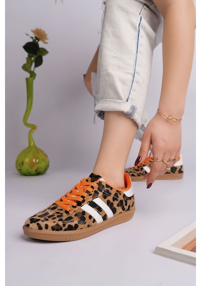 Muggo Taupe Çift Bağcıklı Günlük Kadın Sneaker Spor Ayakkabı Leopar