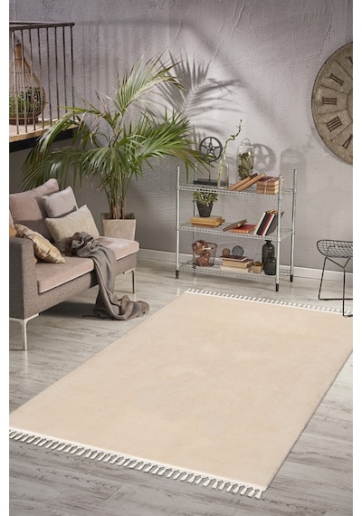 Valeryhome Vl Comfort Peluş Halı Beyaz Düz Saçaklı Bej Ponpon Saçak