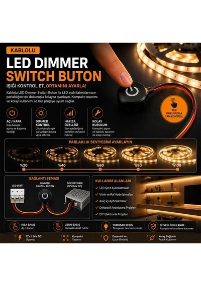 Pm-30933 24v Dc 16mm Gömme Dokunmatik Led Dimmer Kontrolcüsü Switch Buton Siyah