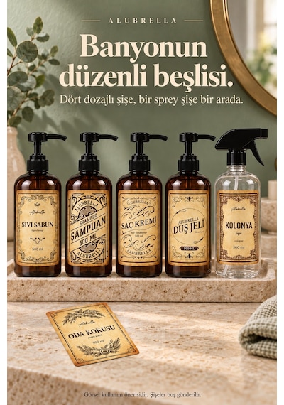Alubrella 500 Ml 4 Amber Pompalı Ve 1 Şeffaf Sprey Boş Şişe Seti Ve Banyo Etiketleri
