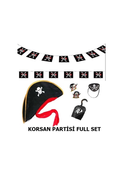 Çocuk Korsan Şapkası + Kancası + Göz Bandı + 2 Adet Yüzük + Afiş Seti "