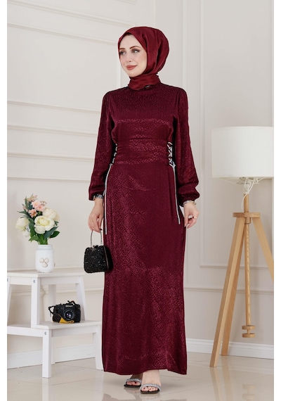 Buse Yanı Bağcıklı Saten Abiye-bordo-4997
