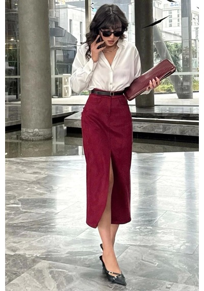 Ecenin Favorileri Bordo Süet Önden Yırtmaçlı Midi Deri Etek Bordo