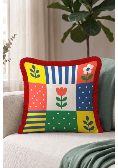 Modern Çiçekli Patchwork Renkli Saçaklı Yastık Kılıfı - Geometrik Mavi Bordo Püsküllü Kırlent Kılıfı Serin Esinti Nektar